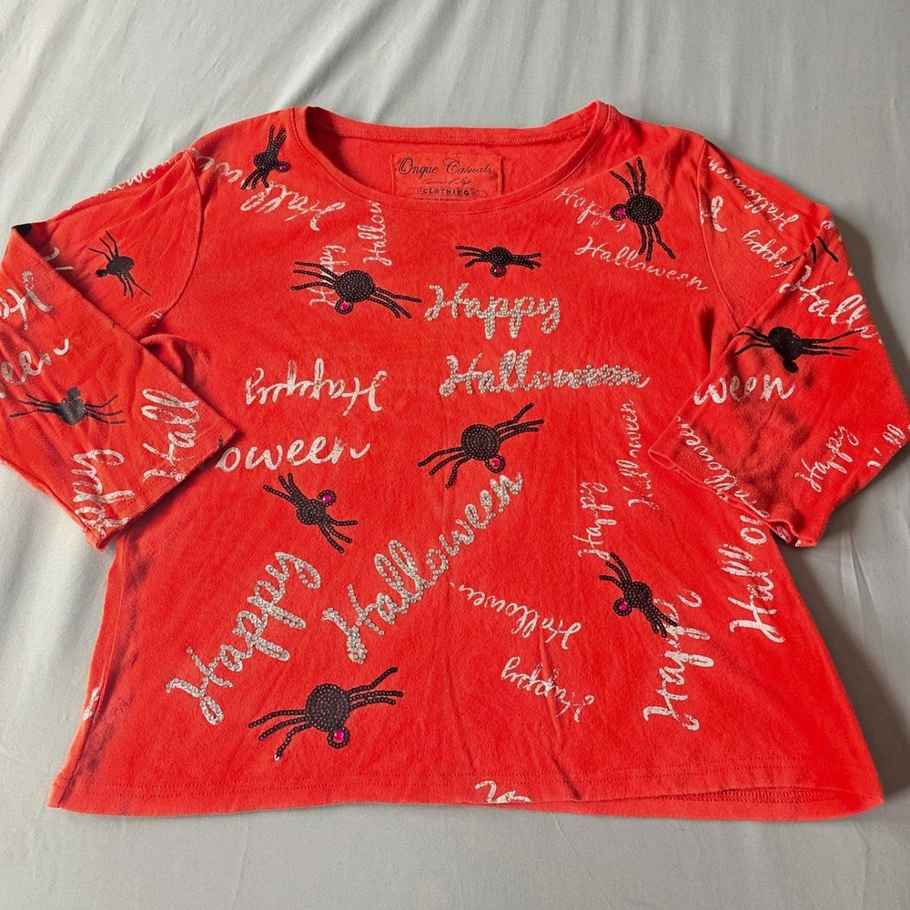 Onque vintage Casuals Halloween Spider Shirt Top Rhinestone Long Sleeve Womens L